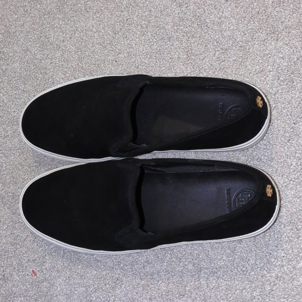 Tory Burch black suede slip shoes